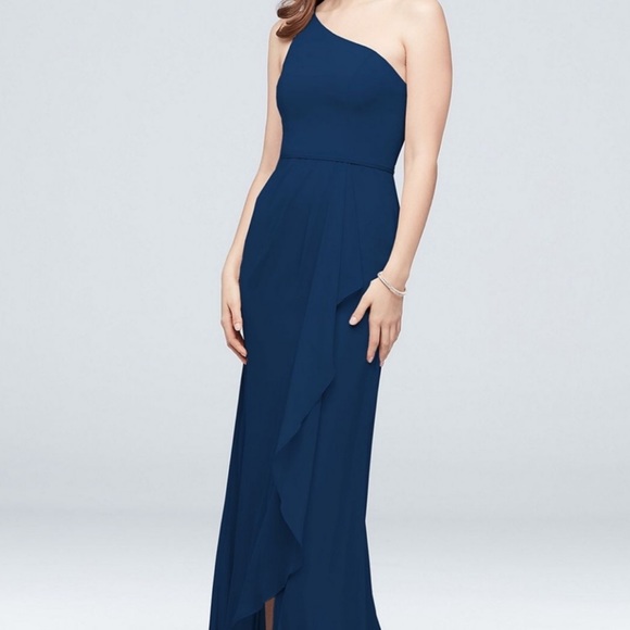 Davids Bridal Chiffon one-shoulder bridesmaid dress with cascade Navy/marine - Picture 1 of 12